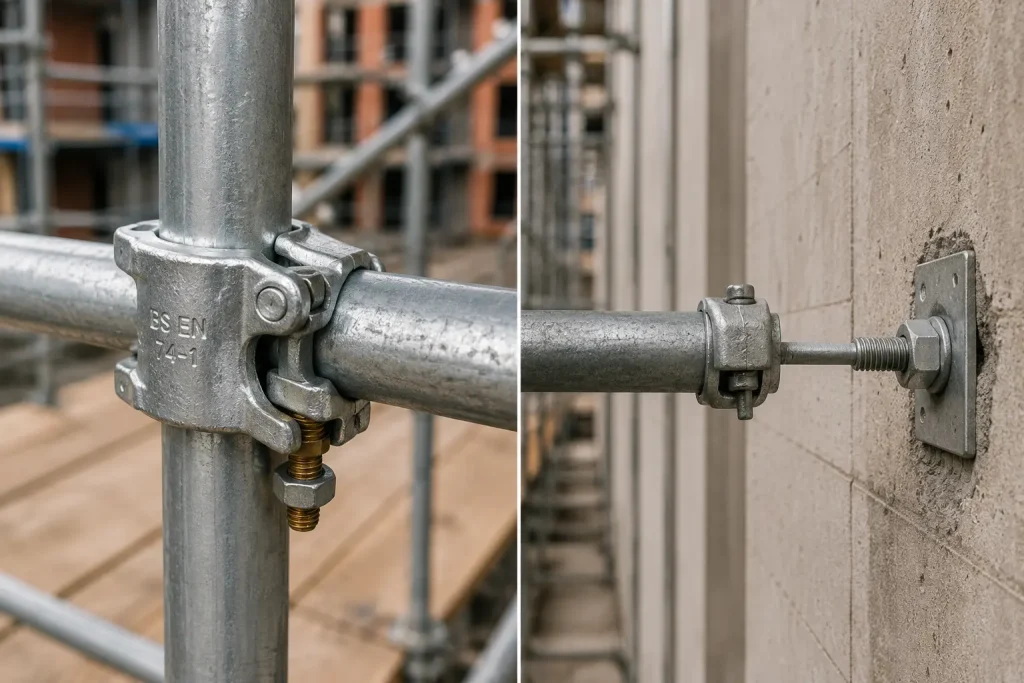 Scaffold coupler connection and scaffold tie anchor detail on construction site