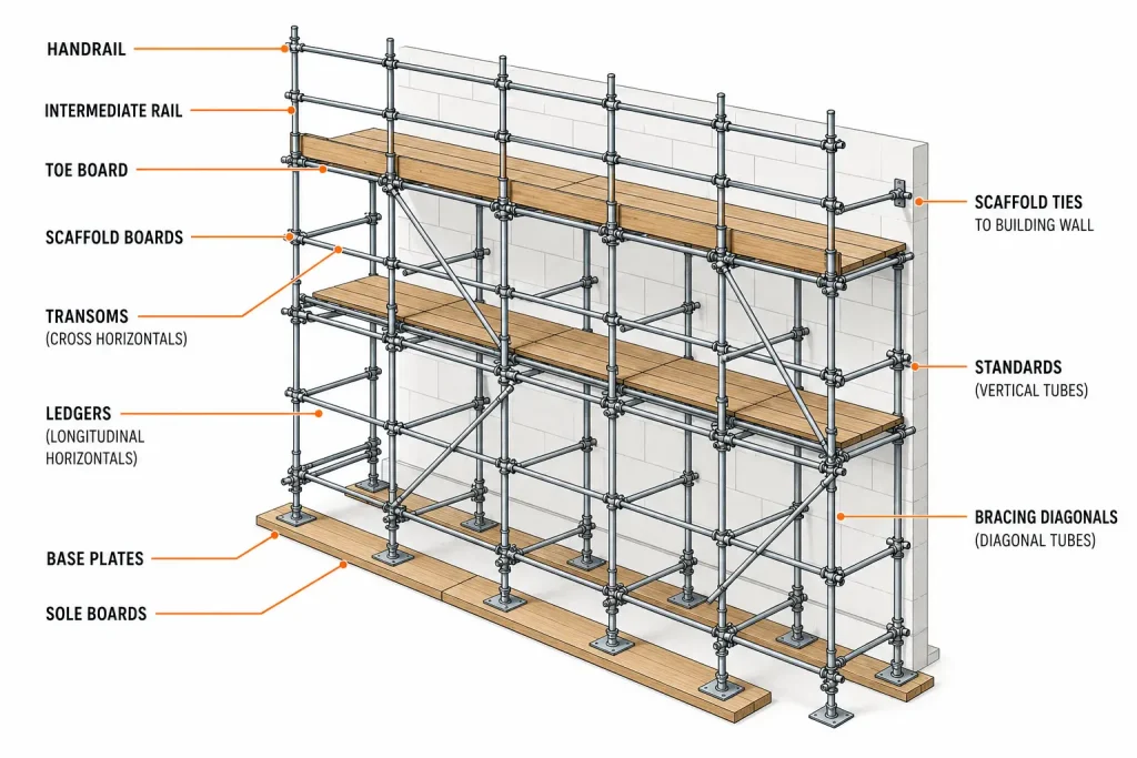 Tube-and-fitting scaffold diagram showing standards, ledgers, bracing and scaffold ties