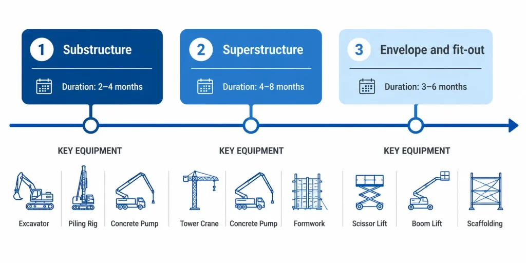 Construction phases timeline with substructure, superstructure and fit-out equipment planning