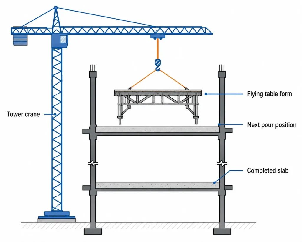 Table formwork flying operation using tower crane between concrete floor slab levels