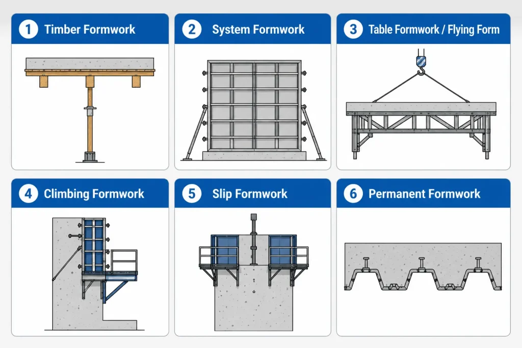 Concrete formwork types including timber, system, table, climbing, slip and permanent formwork