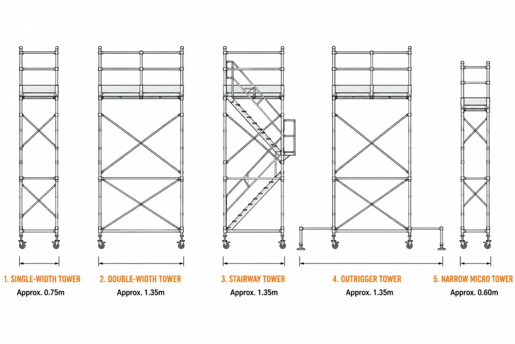 Comparison chart of five mobile scaffold tower types with width dimensions and engineering-style silhouettes.