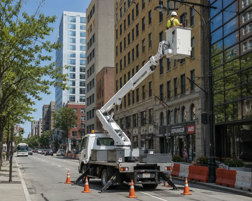 Truck-mounted cherry picker operator repairing overhead utility line on city street