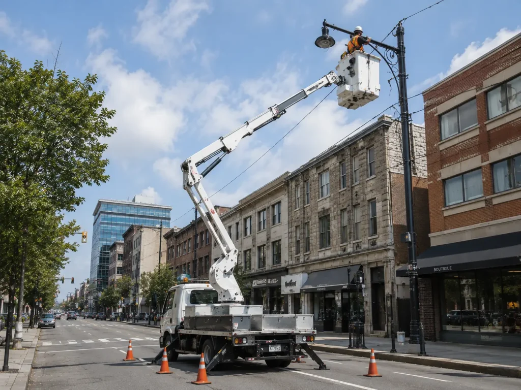 Truck-mounted cherry picker operating on urban street for overhead utility maintenance