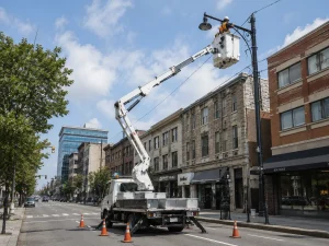 Truck-mounted cherry picker operating on urban street for overhead utility maintenance