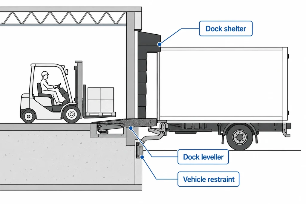 Warehouse loading dock diagram with dock shelter, dock leveller and vehicle restraint system