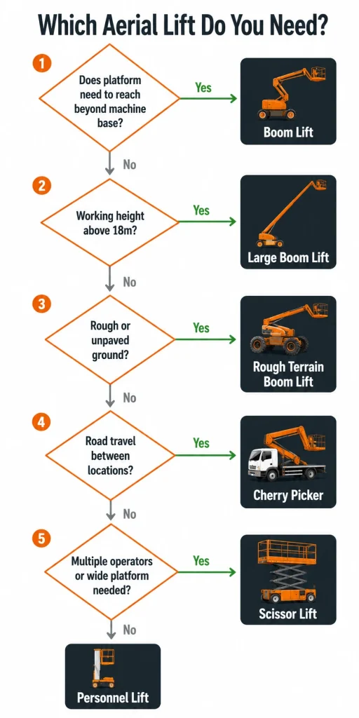 Aerial lift selection flowchart for boom lifts scissor lifts and cherry pickers