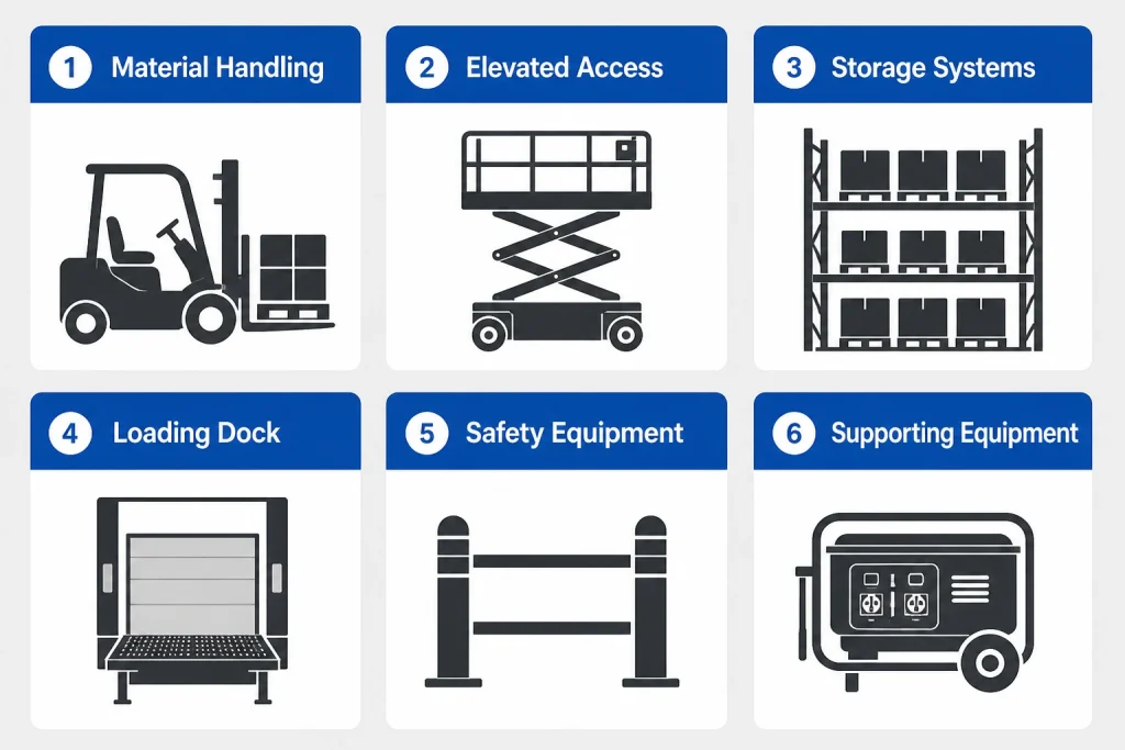 Warehouse equipment categories: forklift, scissor lift, racking, dock, safety and generator systems