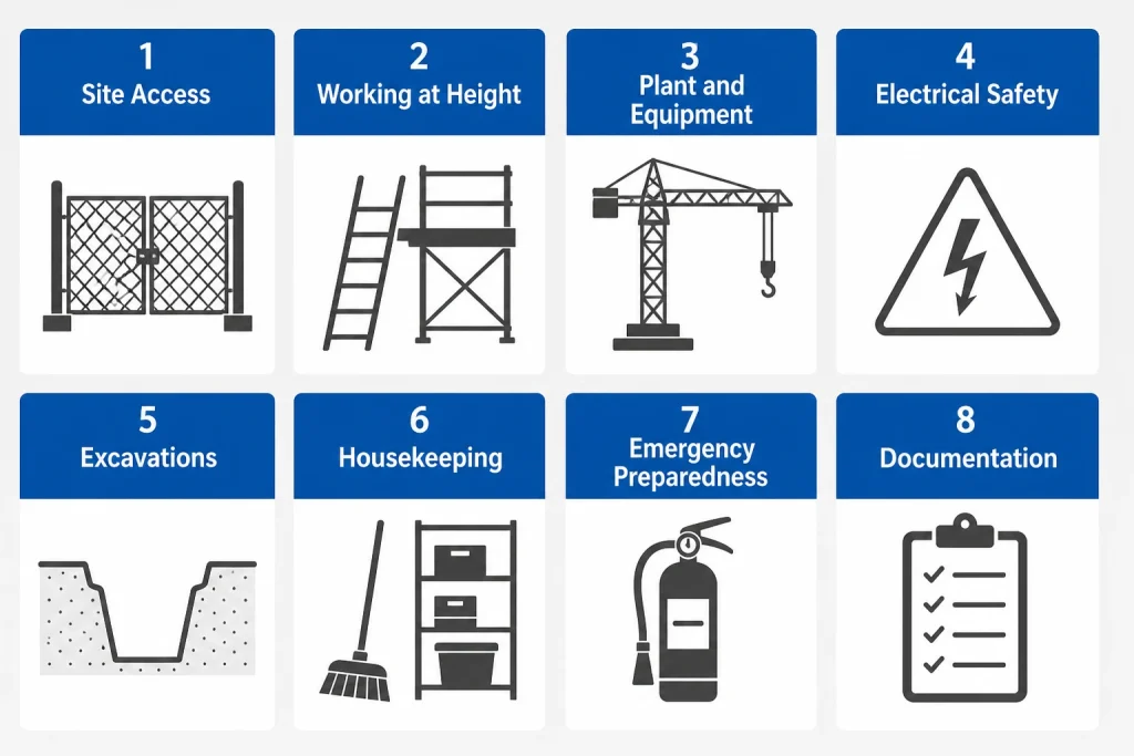 Construction site safety checklist categories: access, height, equipment, electrical, excavation, emergency