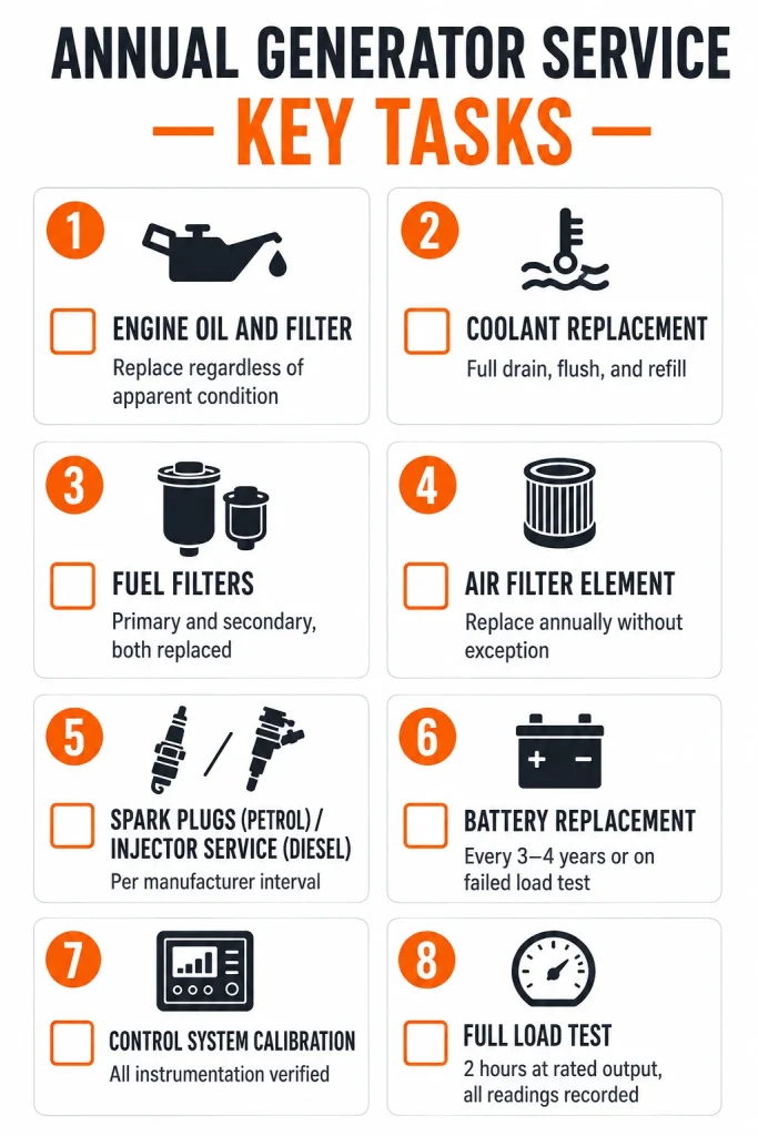 Annual generator service checklist covering oil filter coolant battery and load test tasks