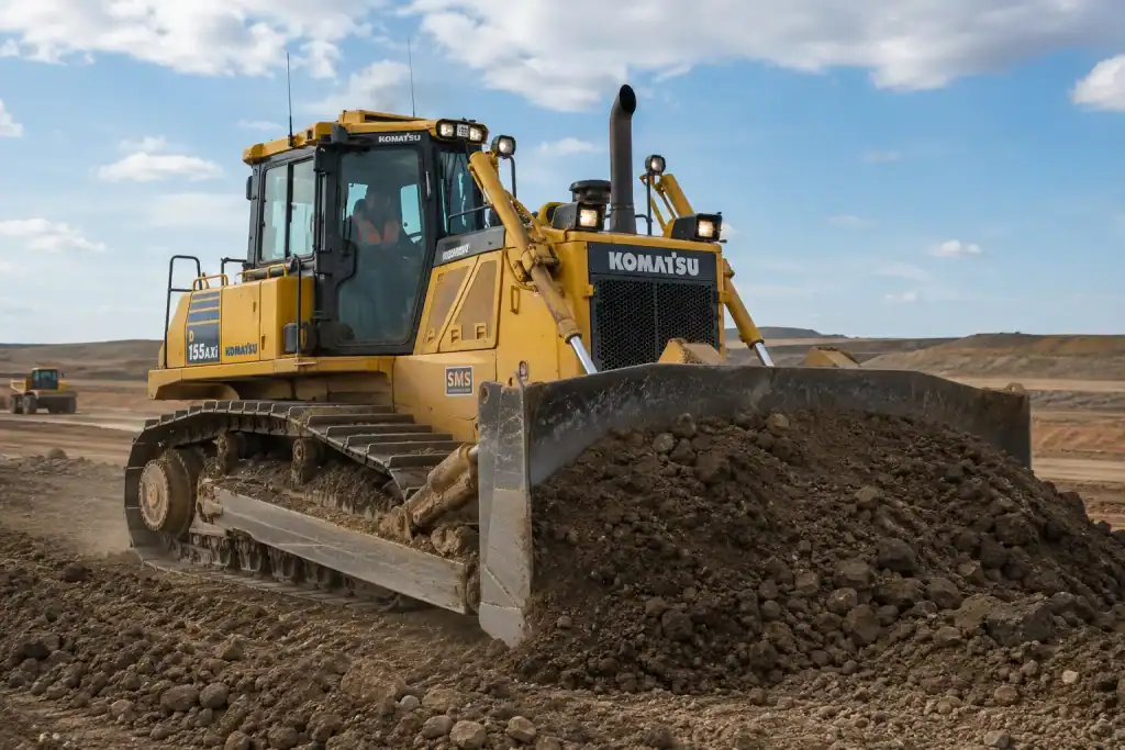 Crawler bulldozer pushing earth on construction site with loaded blade and tracked undercarriage