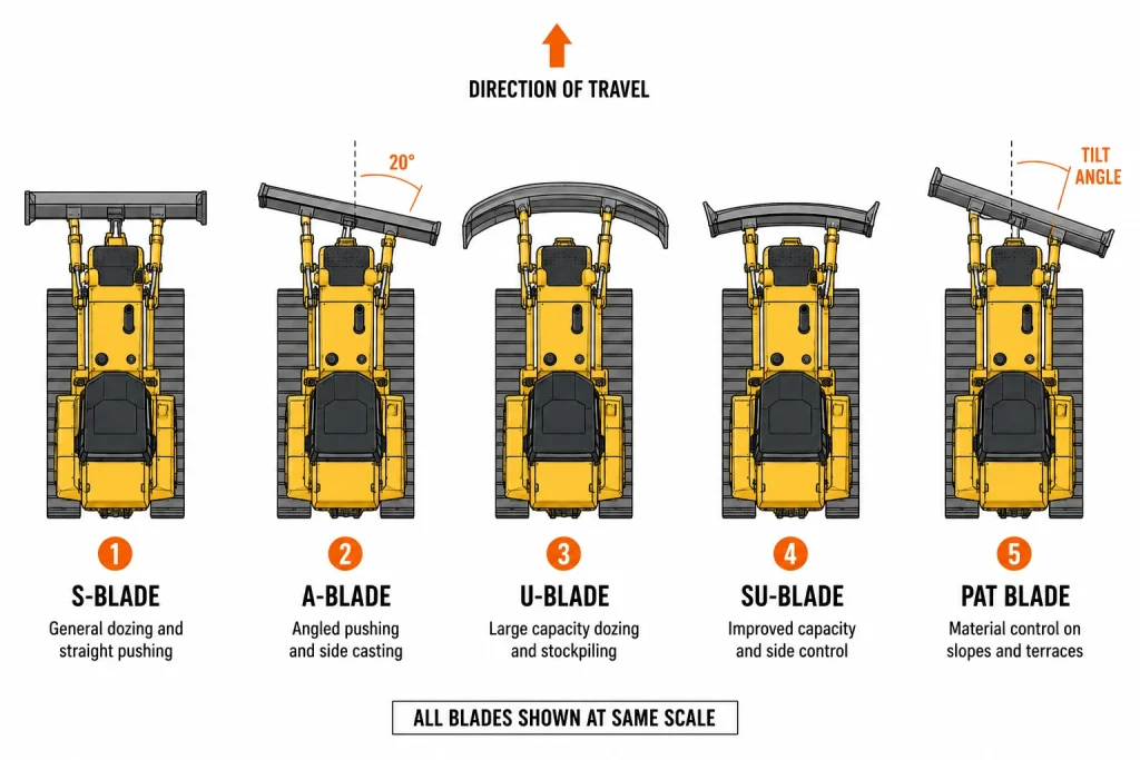 Bulldozer blade types comparison showing S blade A blade U blade SU blade and PAT blade