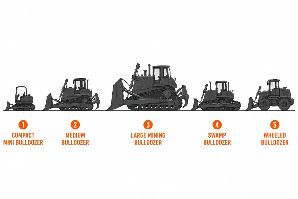 Bulldozer types comparison showing mini medium mining swamp and wheeled bulldozers
