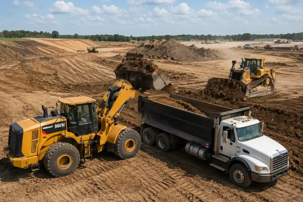Front end loader loading a dump truck while a bulldozer pushes soil across an active earthmoving site.