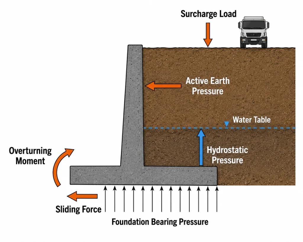 Cantilever retaining wall forces diagram showing pressure and stability loads