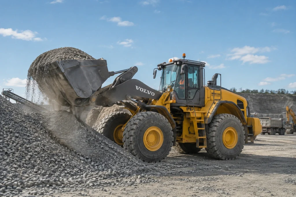 Articulated wheel loader scooping gravel from stockpile on quarry construction site