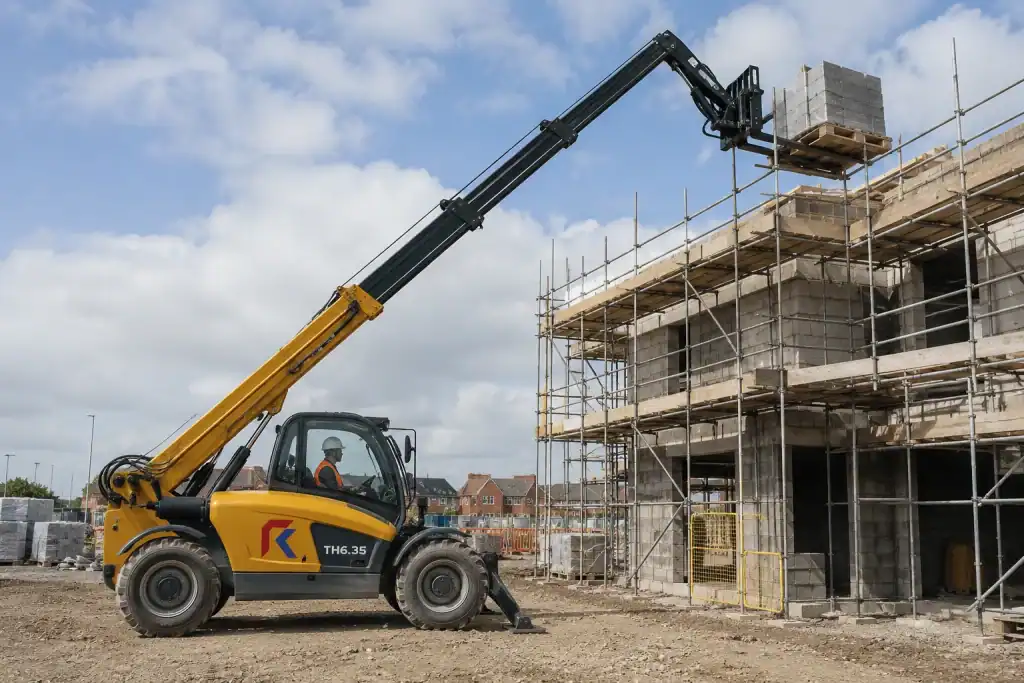 Construction telehandler lifting pallet with extended boom on building site