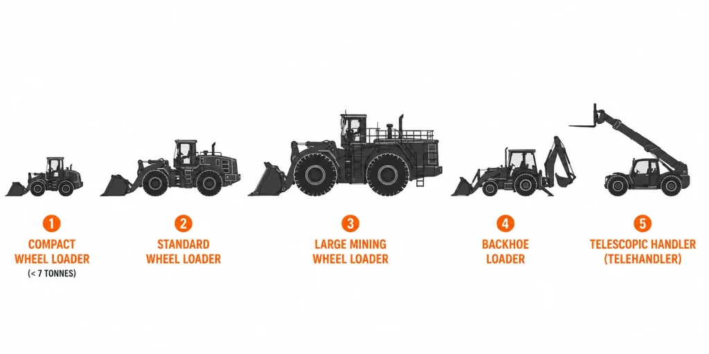 Front end loader types comparison showing compact wheel loader mining loader and telehandler