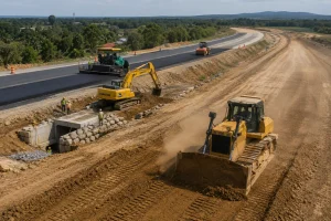 Road construction project showing bulldozer excavator asphalt paver and roller operations