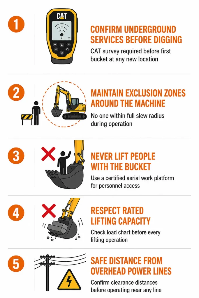 Excavator safety checklist showing five essential operating rules for safe site operations.