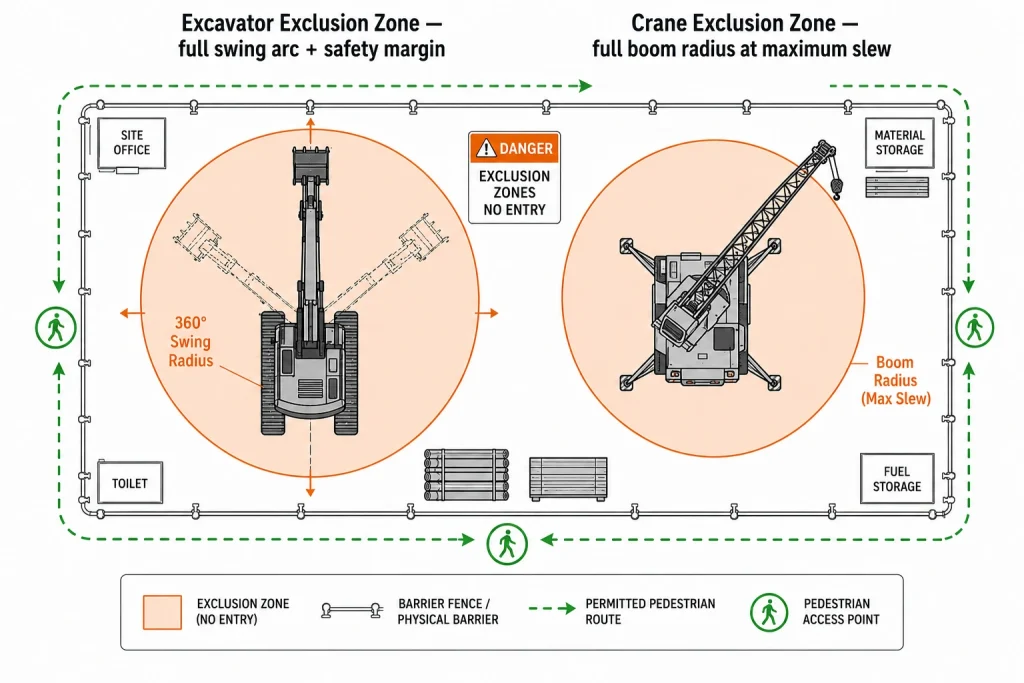 Construction equipment exclusion zone diagram for excavator swing radius and crane boom area