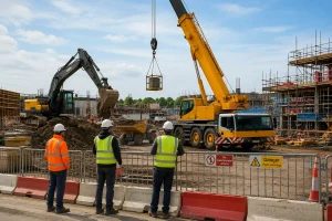 Heavy equipment safety on construction site with excavator crane workers and exclusion barriers
