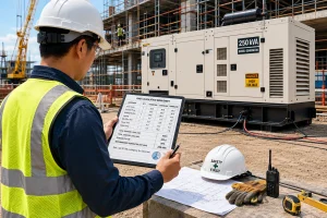 Electrical engineer reviewing generator load calculation at construction site with diesel generator