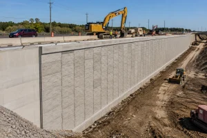 MSE retaining wall construction on highway project with reinforced wall system