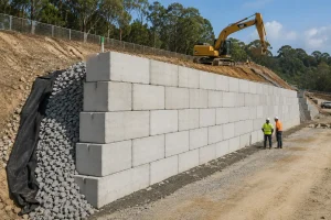 Concrete retaining wall under construction with drainage layer on civil engineering site