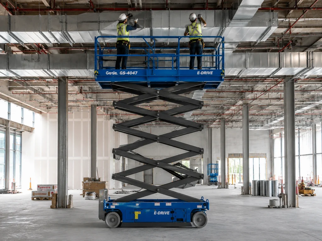 Electric scissor lift with workers installing overhead services inside construction building