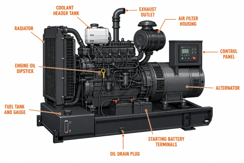Diesel generator parts diagram showing engine radiator alternator battery and control panel