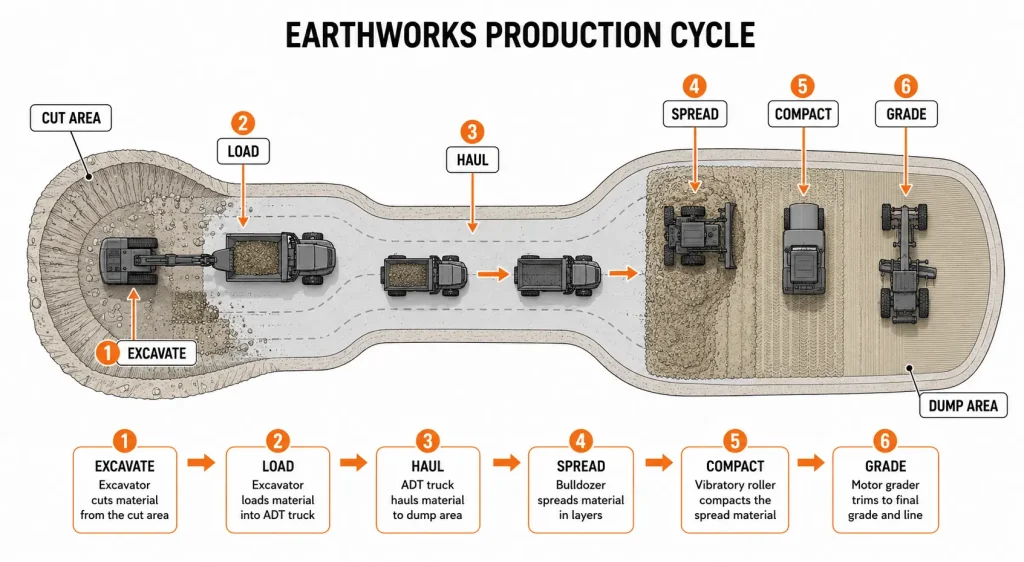 Road construction earthworks cycle showing excavator trucks grader and roller workflow