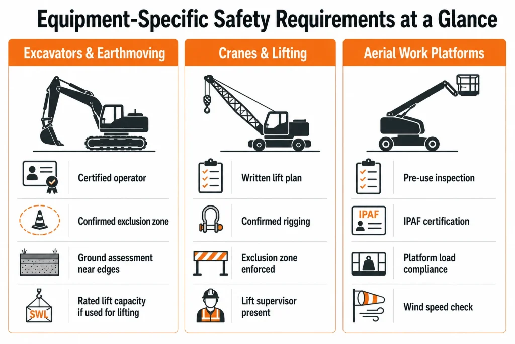 Heavy equipment safety requirements infographic for excavators cranes and aerial work platforms