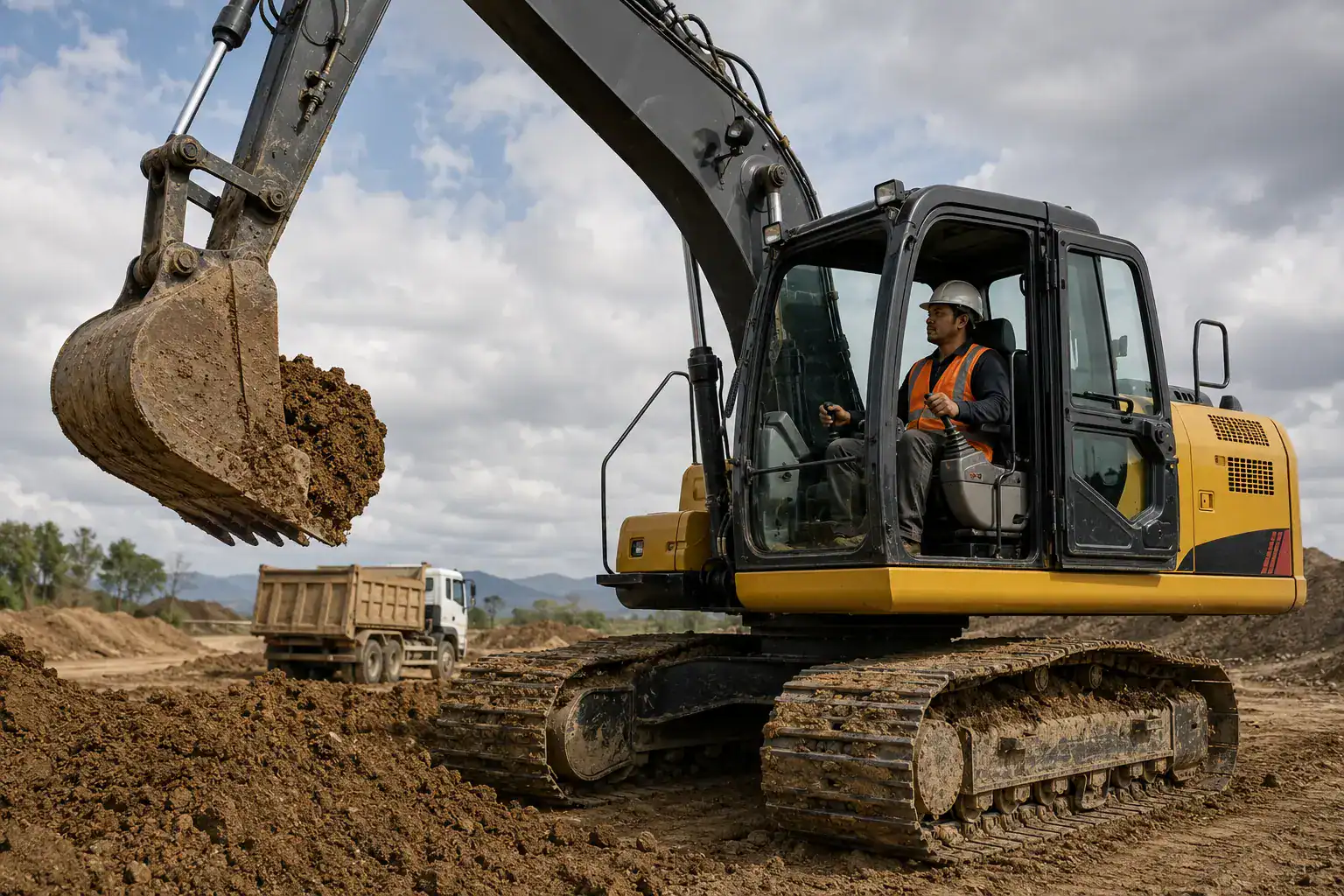 Excavator operator digging and loading soil on an active construction site with a dump truck nearby.