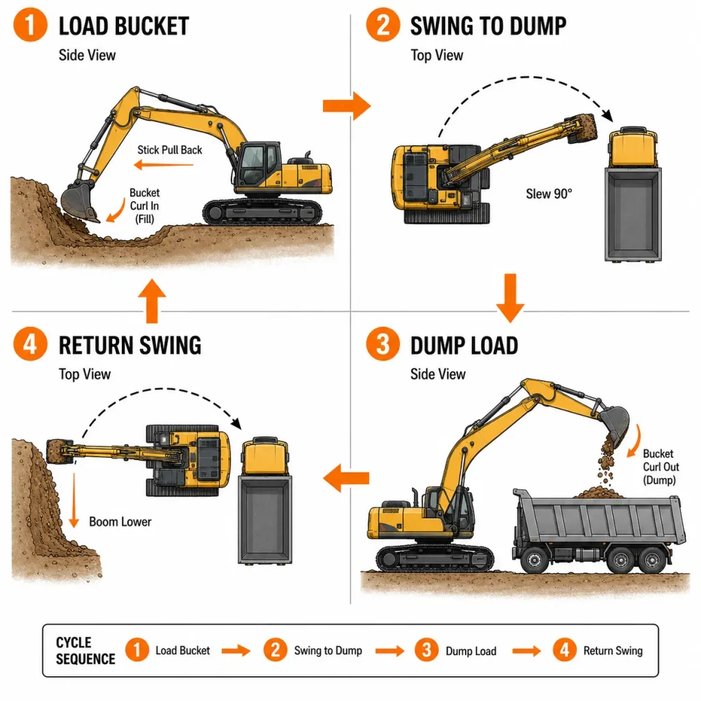 Excavator digging cycle diagram showing load, swing, dump, and return phases of operation.