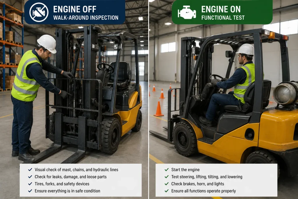 Split view of forklift walk-around inspection and functional control test before operation.