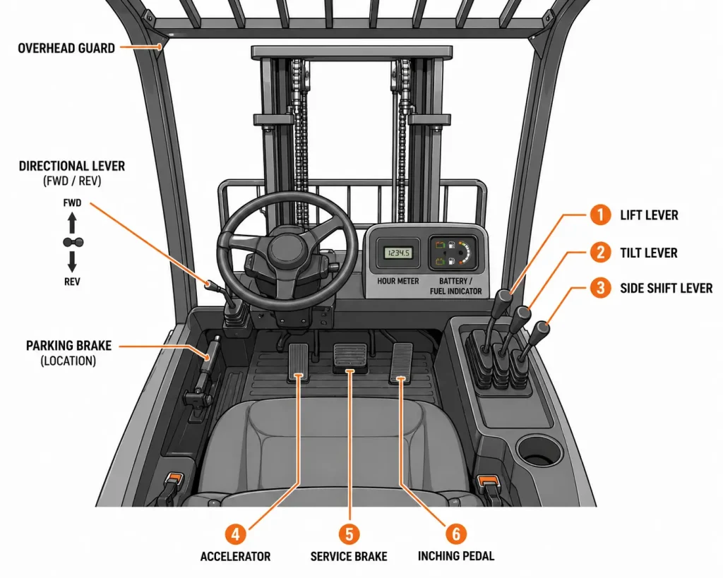 Forklift cab controls diagram showing lift tilt levers pedals and operator controls