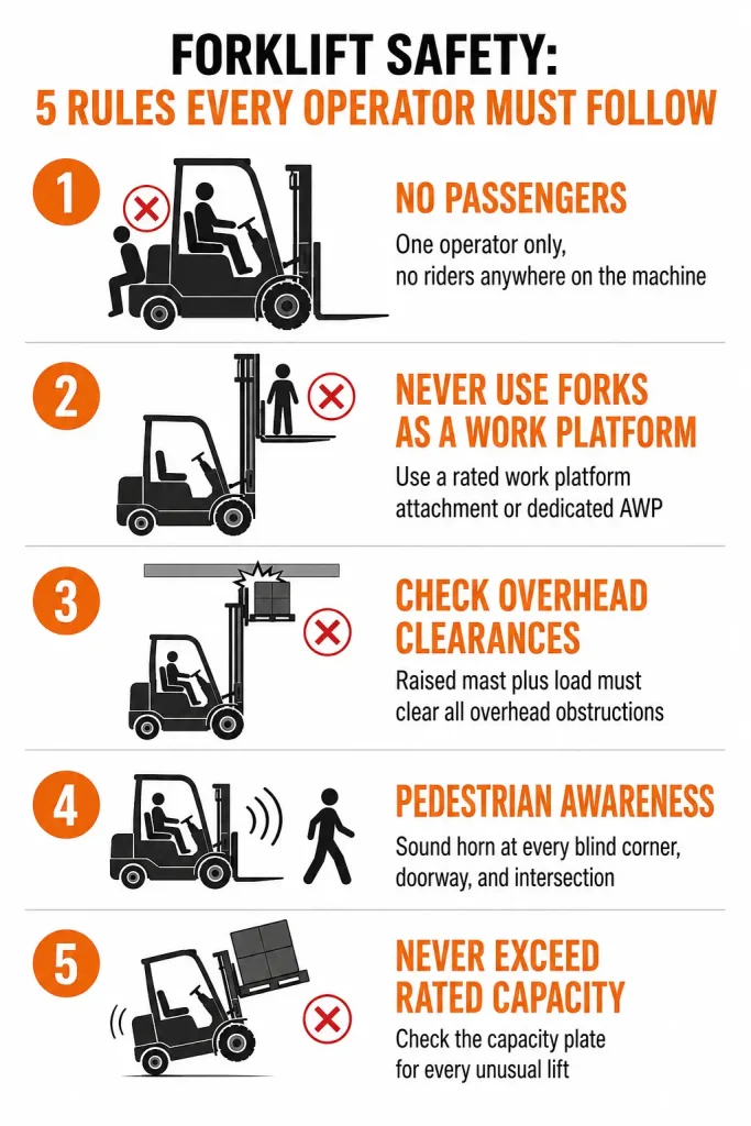 Forklift safety rules infographic showing operator practices and prohibited actions