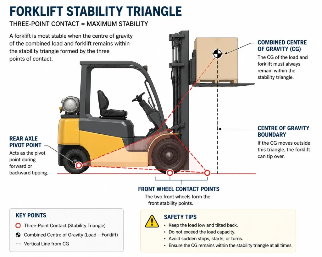 Forklift stability triangle diagram showing centre of gravity and three-point stability.