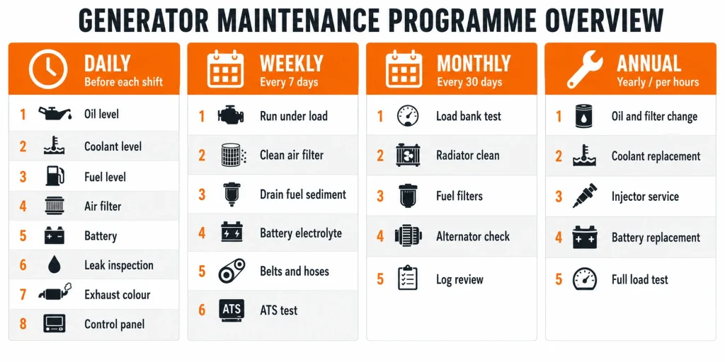 Generator maintenance schedule infographic showing daily weekly monthly and annual service tasks