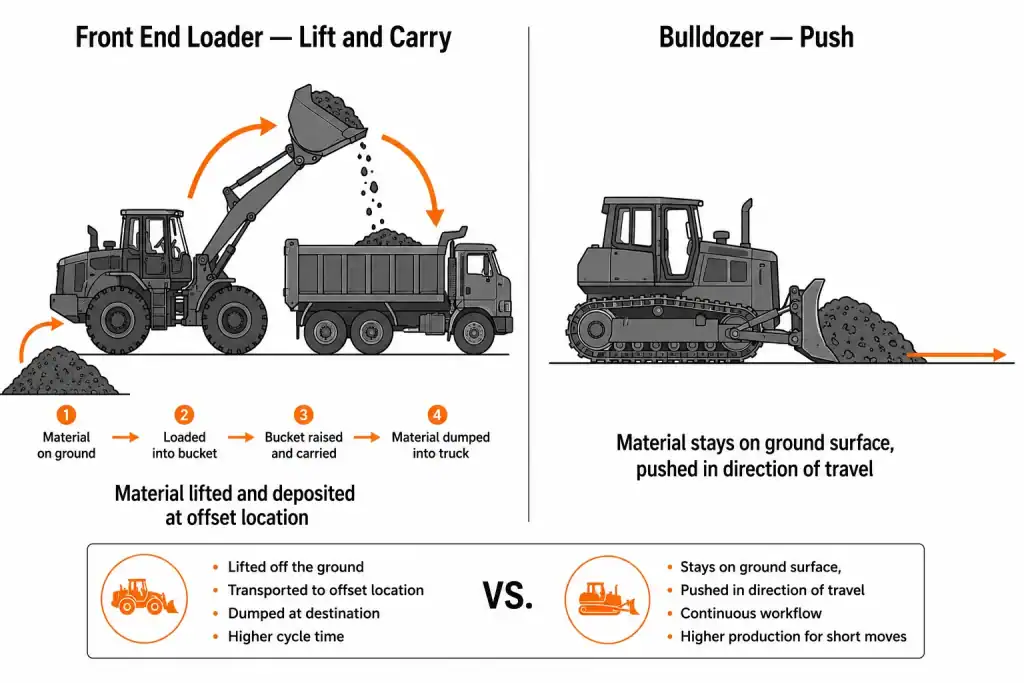 Comparison diagram showing how a front end loader lifts material and a bulldozer pushes material on ground.