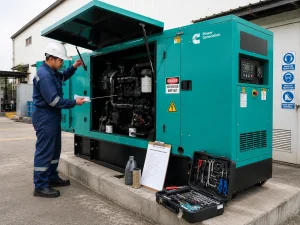 Diesel generator maintenance technician checking engine with tools and service checklist