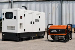 Diesel canopy generator and portable petrol generator side by side in equipment yard