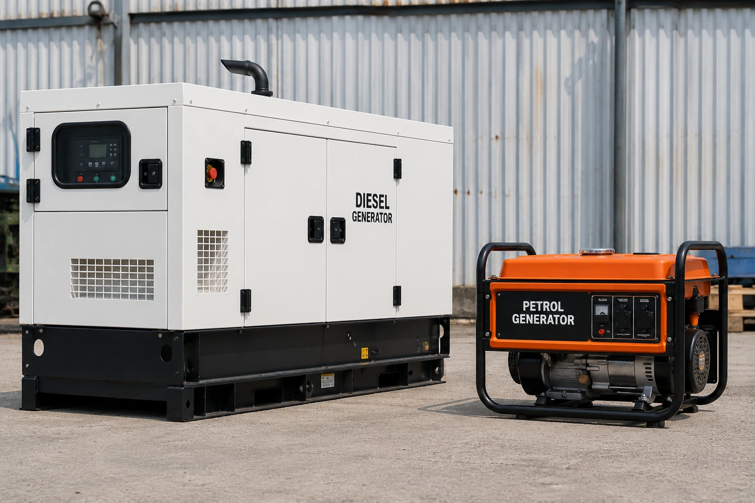 Diesel canopy generator and portable petrol generator side by side in equipment yard