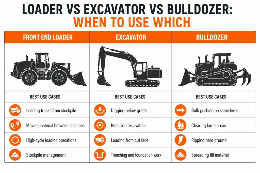 Loader vs excavator vs bulldozer comparison infographic for construction equipment selection