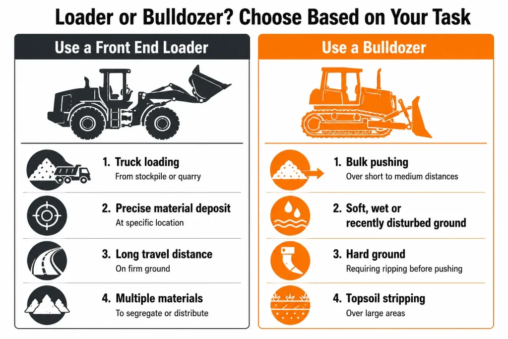 Split-panel infographic comparing front end loader and bulldozer applications for different earthmoving tasks.