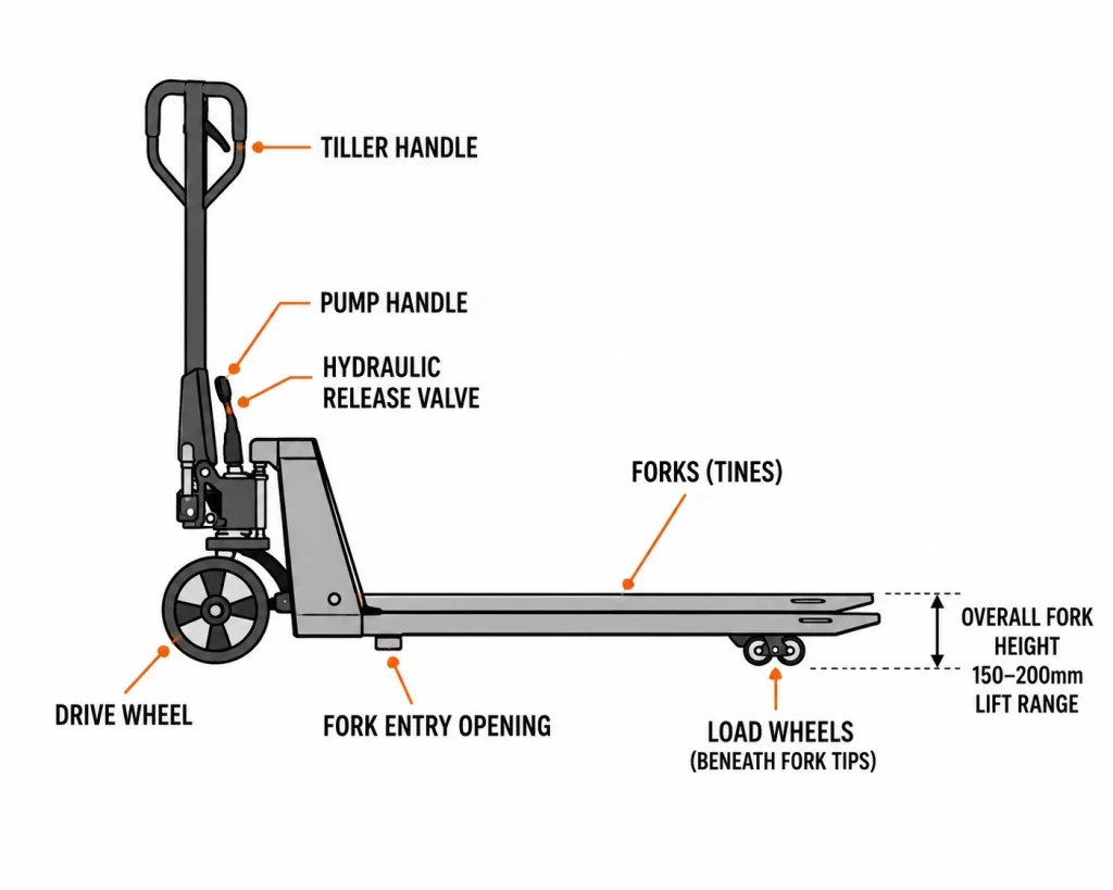 Pallet jack types comparison chart showing manual electric ride-on and rough terrain models