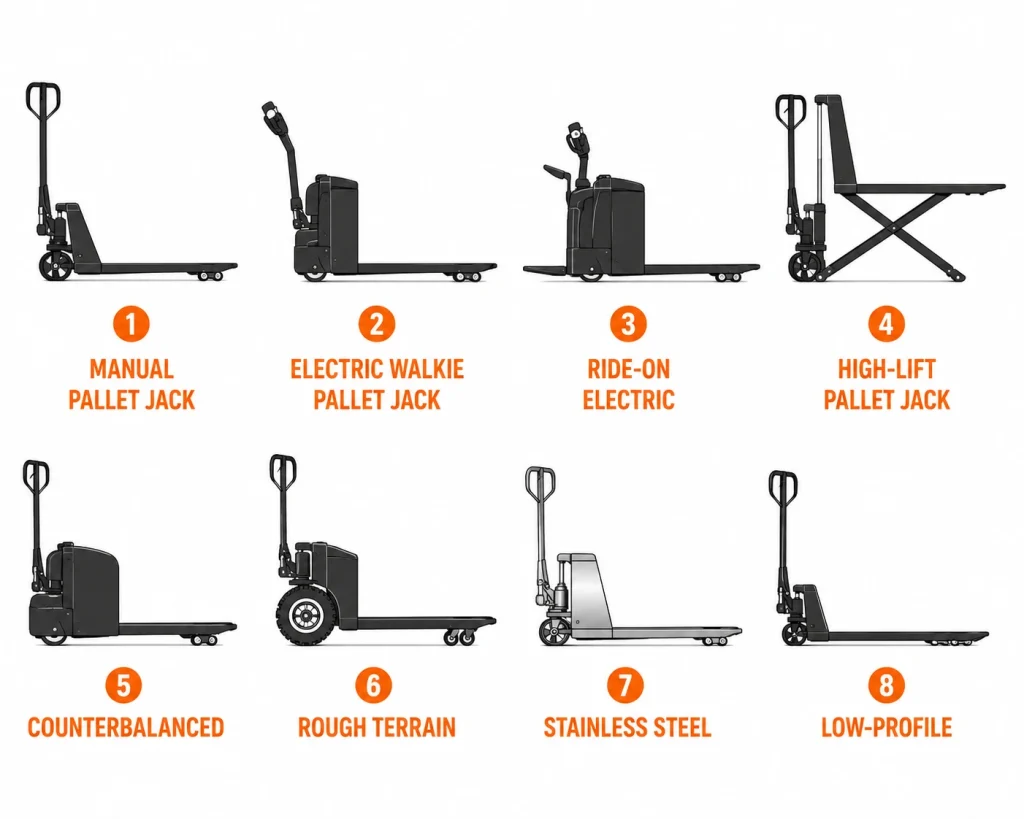 Manual pallet jack parts diagram with forks load wheels tiller handle and hydraulic valve