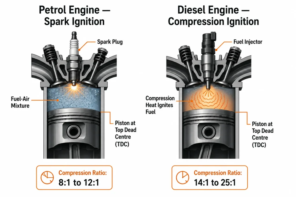 Diesel vs petrol engine ignition diagram showing compression and spark ignition systems
