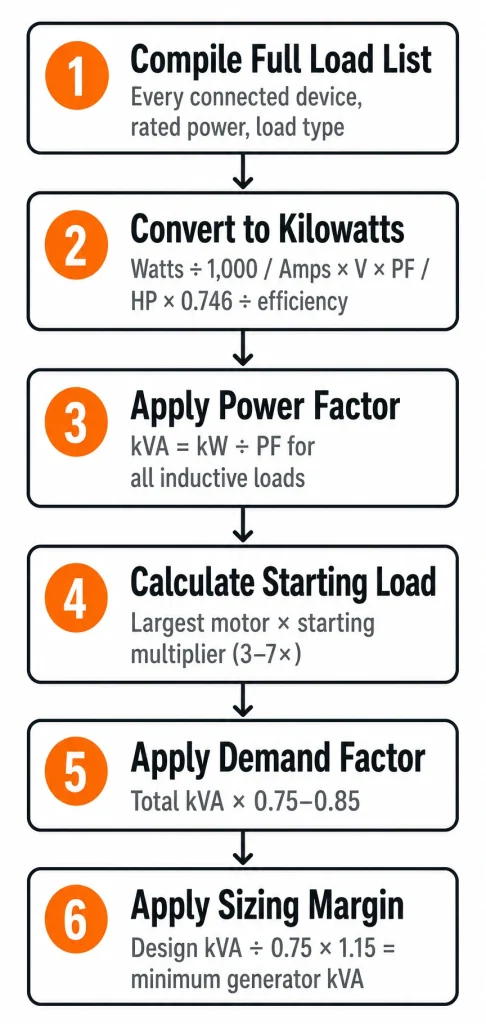 Generator load calculation flowchart covering kW conversion demand factor and sizing margin